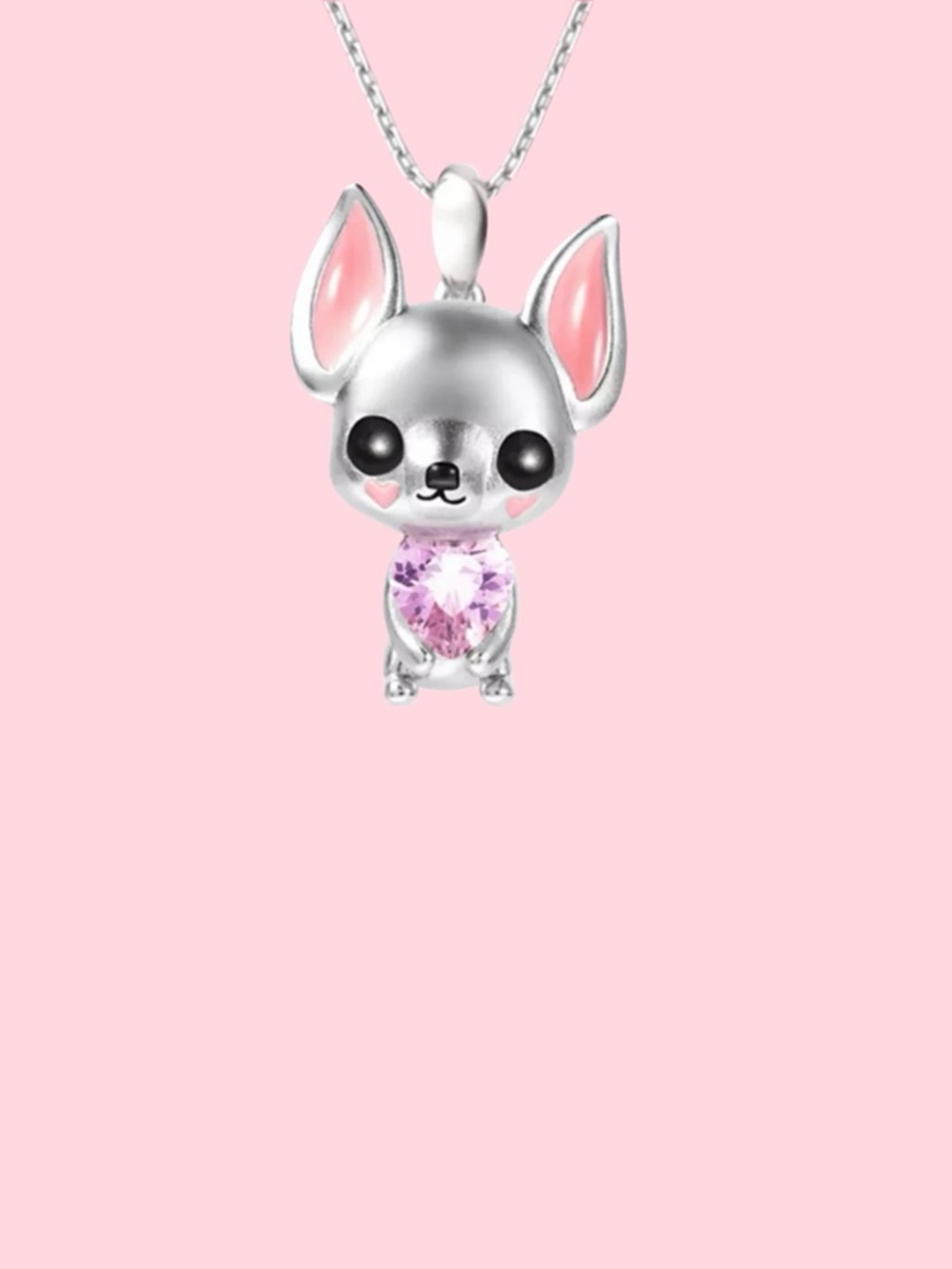 Chihuahua With A Pink Crystal Heart of Love Necklace Valentine